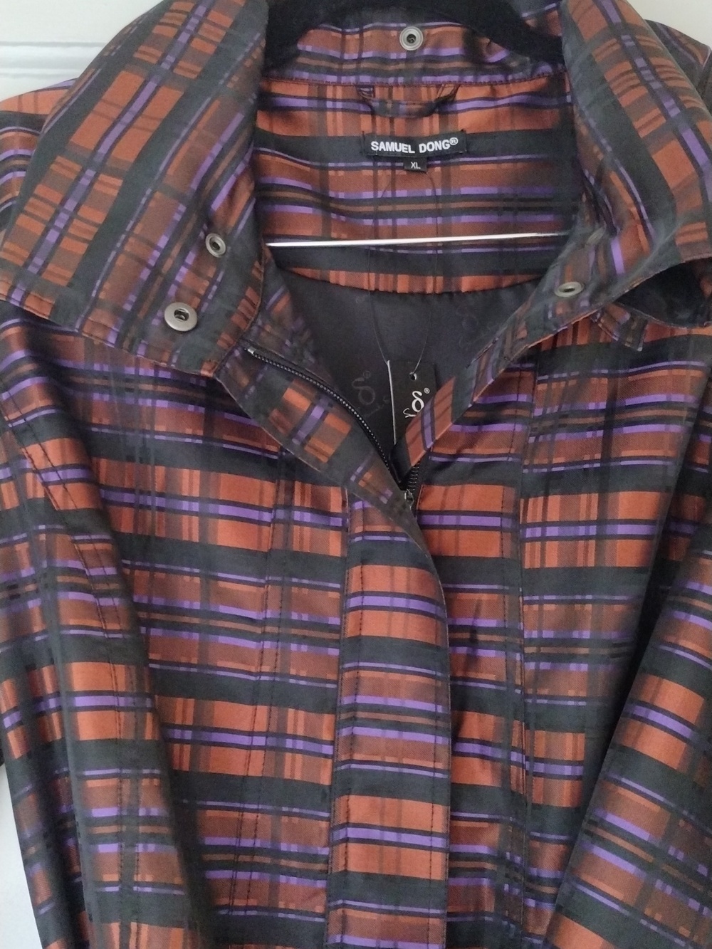 Samual Dong Colorful Plaid Trench Coat with Paisley Hem - Picture 3 of 9